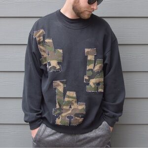 Custom Men's Black Crewneck Sweater with Camo LA Logos